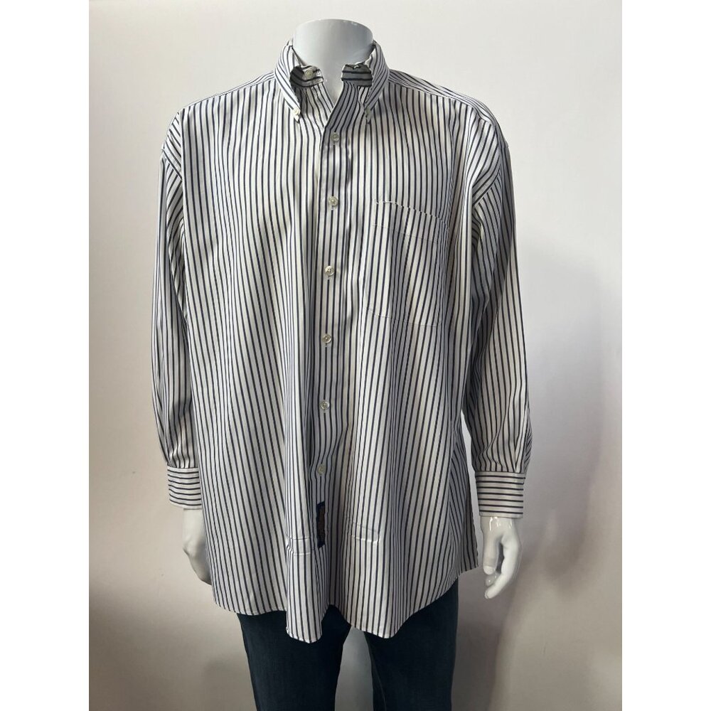Mens Tommy Hilfiger White & Navy Blue Striped Button-Up Shirt With Front Pocket